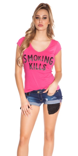 T-Shirt Smoking Kills with skull Fuchsia